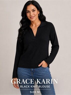 GRACE KARIN women v-neck black minimalist style knit blouse/size M